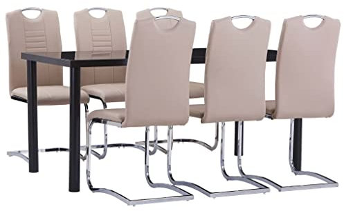 vidaXL Essgruppe 7-TLG. Esszimmergruppe Tischset Esszimmergarnitur Küchentisch Sitzgruppe Esszimmertisch Esstisch mit 6 Stühlen Kunstleder Cappuccino-Braun
