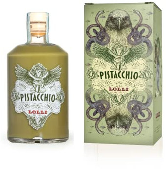 Liquore artigianale Pistacchio Lolli Limited Edition con astuccio serigrafato. Bottiglia da 500 ml. 16% vol.