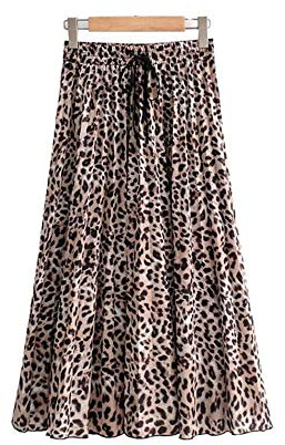 Frauenröcke - Mode Frühling Und Sommer Rock Damen Leopard Print Plissierten Rock Retro Kordelzug Elastische Taille Mittellange Rock Lässig Koreanischen A-Linie Rock Sexy Und Elegant, Leopard, L