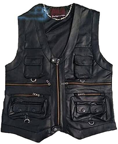 Gentlement Lederweste Herren Slim Lederweste Schaffell Lederweste Weste mit vielen Taschen, Schwarz , XXXXX-Large