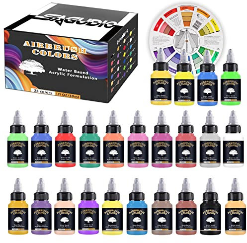 SAGUDIO Airbrush Acrylic Paint Set 24 * 30ml (1oz) Basic Colors Ready to Air brush Colour Set with Color Wheel Ready to Painting Kit