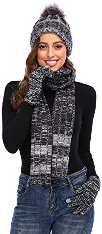 NATUST Mütze Schal Handschuhe Set Damen Winter Dickes Strickset Weiche Warme Gestrickt Langer Schal Touchscreen Handschuhe Schwarz
