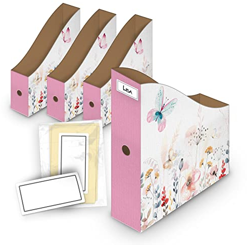 itenga Stehsammler Pappe Motiv Schmetterling für DIN A4-4er Set inkl Beschriftungsetiketten - Zeitschriftensammler Kartonständer Stehsammler Schreibtisch Organizer