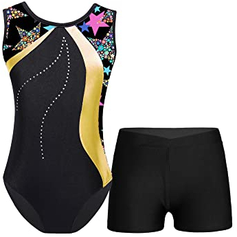 iEFiEL Mädchen Glitzer Turnanzug Ärmellose Leotards Rückenfrei Ballettanzug mit Strass Ballettkleidung Gymnastikbody Tanzkostüm Gelb 134-140