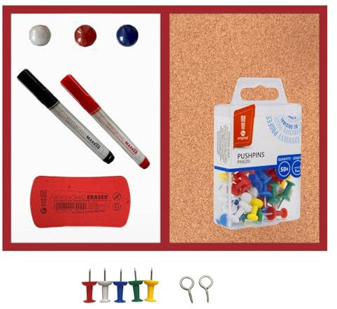Kombitafel Whiteboard und Kork Pinnwand Magnettafel Korktafel Wandtafel Tafel 60x40 cm Rot mit Zubehör