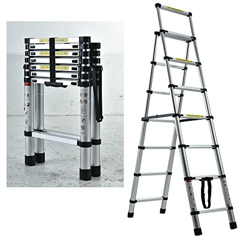 Telescoping Ladder 1.7M/2M A-Frame Extension Ladder Portable Aluminum Ladder 5/6 Step Ladder with Handrails/Safety-Lock/Anti-Slip Pedal, 330 lb-Capacity