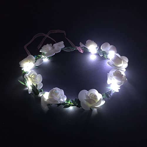 1 LED Haarkranz mit weißen Rosen Hochzeit Blumenkranz Haarschmuck LEDs mit 3 Modi Standlicht Blinken