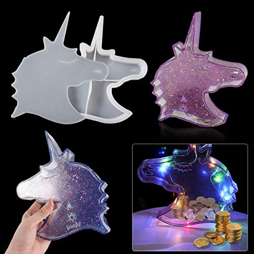 Voyyphixa Moldes de resina epoxi de unicornio, moldes de silicona 3D para fundición de resina, moldes de silicona con tapa para contenedor de abalorios, tarro de dulces de almacenamiento