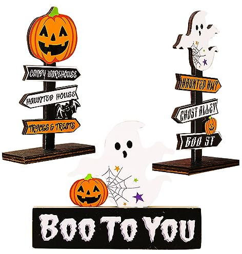 3 Stück Halloween Holz Mittelstücken DesktopDekoration, Halloween Tafelaufsatz aus Holz, Happy Halloween Party Dekoration für Halloween Kinder Bastel Party Dekorationen, Halloween Deko Kürbis
