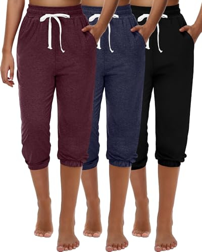 Ficerd 3 Pack Women's Capri Jogger Sweatpants | Cropped Joggers, Ladies Capri Sweats, High Waisted Athletic, Lounge Yoga Pants with Pockets, Summer Fall Baggy Capri Leggings