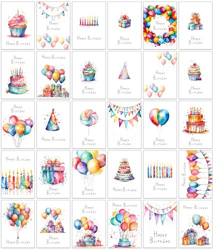 30 biglietti di compleanno ad acquerello con buste in carta riciclata, 30 diversi disegni (30 biglietti di compleanno ad acquerello)