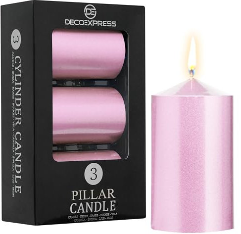 DECO EXPRESS Candele Decorative, Pacco da 3, Durata di Combustione di 30 Ore, Senza Profumo Vari Colori (Oro rosa - Confezione da 3)