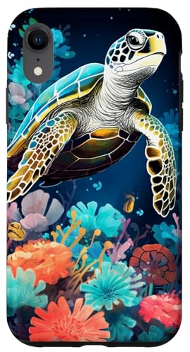 Niedliche Schildkröte, florales blaues Meer Koralle und Muscheln Hülle für iPhone XR