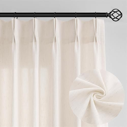 Natural Pinch Pleated Linen Farmhouse Curtains 84 Inches Long for Living Room Bedroom Semi Sheer Light Filtering Privacy Pleat Drapes with Hooks Rings Back Tab Drapes Cream Ivory