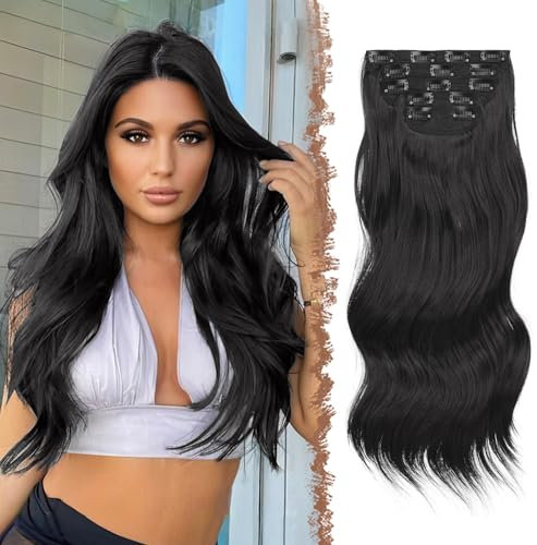 FESHFEN Clip in Extensions Wellig Haarverlängerung, 5 PCS Lang Gewellte Haarextension mit Clips Synthetik Haarteil Schwarz Haare Extension für Damen, 50 cm