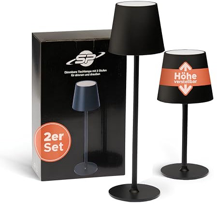 Smart-Planet Tischlampe 2x kabellos wiederaufladbar mit 5200 mAh Akku - IP54 Outdoor höhenverstellbare Tisch Leuchte aus hochwertigem Metall Touch stufenlos dimmbar USB C - 2x Stopfen für Flaschen