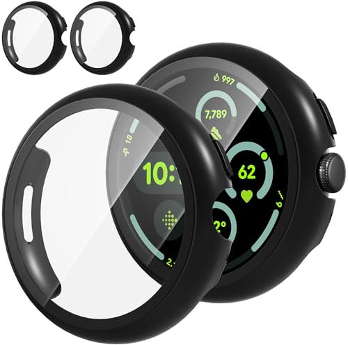 Diruite 2 Stück Hülle für Google Pixel Watch 3 45 mm Schutzhülle,PC Ultradünne HD Hartglas Glas Kratzfest Rundum Displayschutz,Schwarz&schwarz