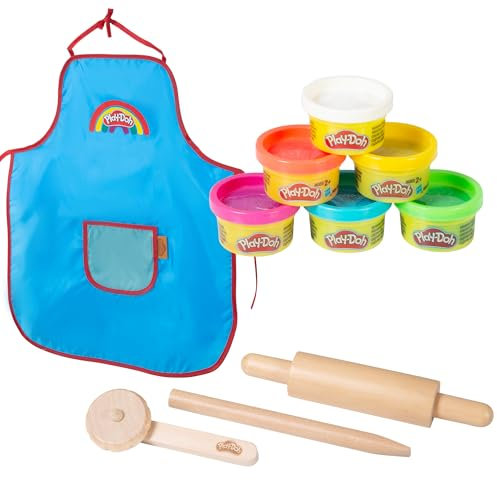 roba x Play-Doh Kompaktes Spielset - FSC-Holzwerkzeuge, 6 Knetdosen & Schürze - Nachhaltiges, spielfertiges Geschenk für Kinder ab 3 Jahren