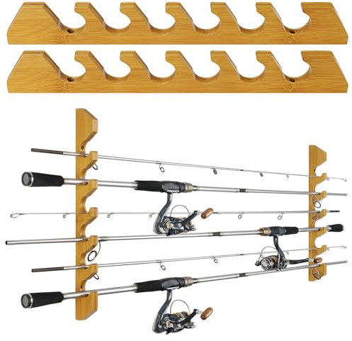 THKFISH Angelrutenhalter, Holz-Angelrutenregal für Zuhause, Garage, wandmontierte Angelrutenhalter, hält bis zu 5/6/10/12 Ruten oder Combos oder Netze Aufbewahrungsregale