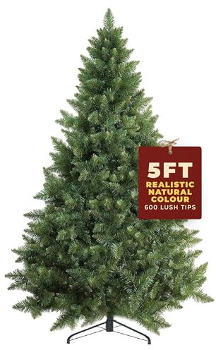 Festive Fix Artificial Christmas Tree 5FT – 600 Tips Bushy Green Xmas Tree with PVC Branches, Sturdy Metal Stand, Easy to Assemble – 5 Foot Christmas Tree for Small Spaces