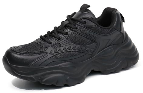 Hawkwell Damen Plateau-Wanderschuhe mit Schnürung, bequem, Retro, stilvoll, für Training, Sport, Arbeit, lässig, klobige Sneakers, Schwarz, EU 39