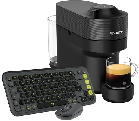 Nespresso DeLonghi ENV90.B VERTUO POP Kaffeekapselmaschine Liquorice Black + Logitech POP ICON KEYS + Logitech POP Mouse