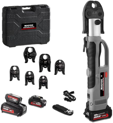 ROGVOC Elektrische Rohr-Crimpzange Kit mit 6 Pro Pressbacken, Pro Presswerkzeug für 1/2 bis 2 Zoll Kupferrohre und Edelstahlrohre, 2pcs 4Ah Akku und Ladegerät, Tragetasche enthalten