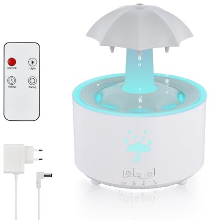 Regenschirm Luftbefeuchter 300ml, Rotierender Luftbefeuchter mit 7 Farbe Licht, Nachtlicht Schlafzimmer, Aroma Diffusor, Rain Humidifier Lamp, ätherisches Öl Luftbefeuchter mit Fernbedienung (Weiß)