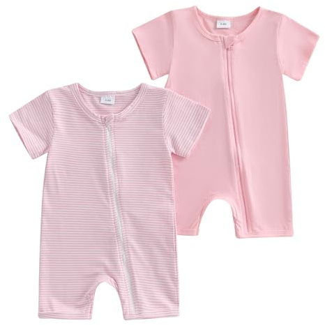 XIXIMAON Unisex Baby Romper 2 Pack Boy Girl Summer Clothes One Piece Outfit | Striped Print or Solid Color Short Sleeve Zip Up Jumpsuit Neutral Baby Clothes Newborn Bodysuits Boys Girls Overalls Playsuit