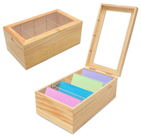 LOMUG Karteikarten Box, Karteikasten A7 Holz mit Transparent Staubdicht Deckel, Vokabelbox Lernkarteibox für Büro Schulen, 25,4cm*15cm*10,2cm