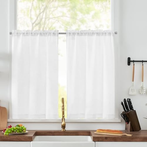 qhklew Scheibengardine, Scheibengardinen Halbtransparent, 63.5x78 cm Bistrogardine Gardinen, Weiss Fenstervorhang Halb Küche Vorhänge Fensterschal für Kleine, Fenster, Küche, Wohnzimmer, Landhaus