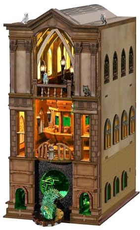 NookMaster Book Nook Bausatz mit LED 3D Holzpuzzle Zauberakademie | Miniatur Haus Bausatz, Gothic Diorama, 3D Holzpuzzle, Bücherregal Deko, Geschenk für Fantasy-Fans