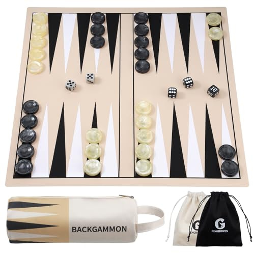 Backgammon Set, Premium Silicone Backgammon Classic Board Games for 2 Players, Foldable Portable Travel Game Set with Carrying Storage Bag (Khaki)