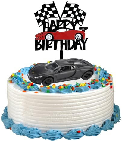 Rennauto Geburtstag Deko, Cars Geburtstagsdeko, 1 Stück Rennwagen-Aufsteller + 1 Schwarzes Auto Modell, Tortenaufleger Auto Junge, Happy Birthday Deko