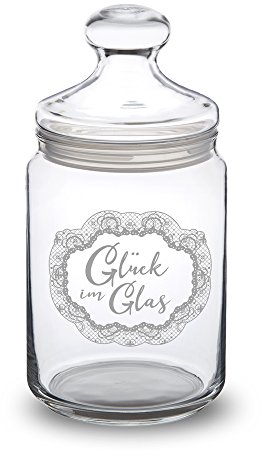 Casa Vivente Bonboniere mit Gravur, Motiv Glück im Glas, Bonbonglas, Vorratsglas mit luftdichtem Deckel, Geburtstagsgeschenk