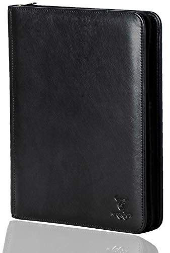 Matador - Porte-documents en cuir véritable - Avec fermeture éclair, poche pour tablette, classeur à anneaux et protection RFID/NFC - Format A4 - Noir - Pour homme - Idéal pour conférence