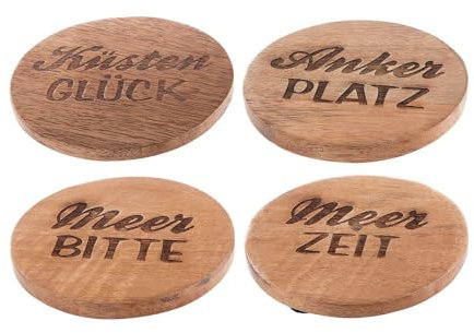 GILDE Holz Untersetzer maritim mit Sruch-Meer Bitte-Ankerplatz-Meerzeit-Küstenglück, D. x H.=10x0,5cm, Mangoholz