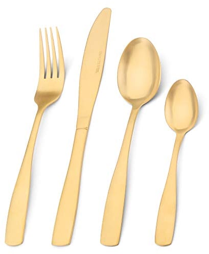 Bettlife 16-Piece Tableware Set - Stainless Steel Flatware & Silverware with Matt Gold Knife and Fork Set, Service for 4, Dishwasher Safe