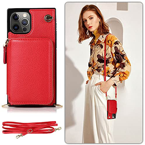 Handykette Handyhülle kompatibel mit Apple iPhone 11 Wallet Hülle PU Leder mit Reißverschluss Kartenfach Ständer Handytasche TPU Bumper Case mit Kordel Kette Schutzhülle Cover(Rot)