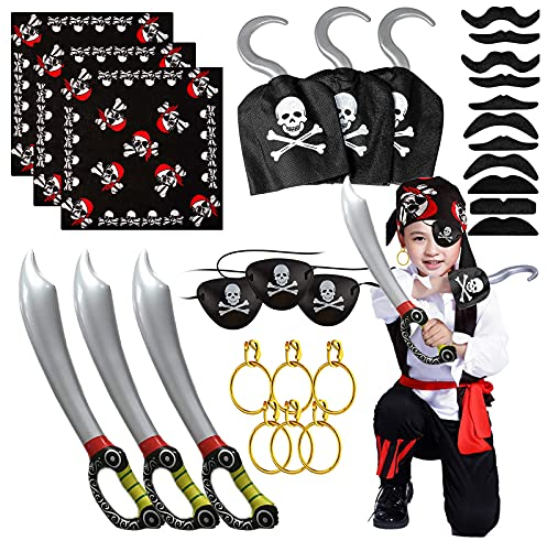 JORAKI Piratenkostüm Kinder, Piraten Kostüm mit Kopftuch Pirat Augenklappe Piratenschwert Piraten Haken Ohrringe Schnurrbart Piraten Zubehör Karneval Fasching Kostüm für Kinder Jungen Mädchen