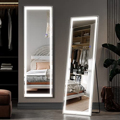 ELEGANT LED Full Length Dressing Mirror with Lights, 160x50 cm Standing Floor Mirror with Dimming & 3 Color Modes, Large Leaning or Wall Mounted Mirrors for Bedroom