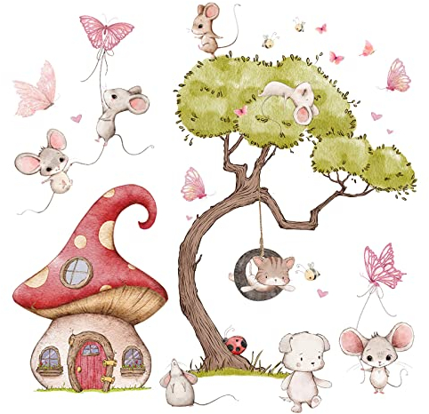 Little Deco Wandsticker Wandtattoo Kinderzimmer Mädchen Mäuse Wandaufkleber Katze Wandbild Mädchenzimmer Hund Pilz Haus Rosa Schaukel Wanddeko Schmetterlinge DL744-5