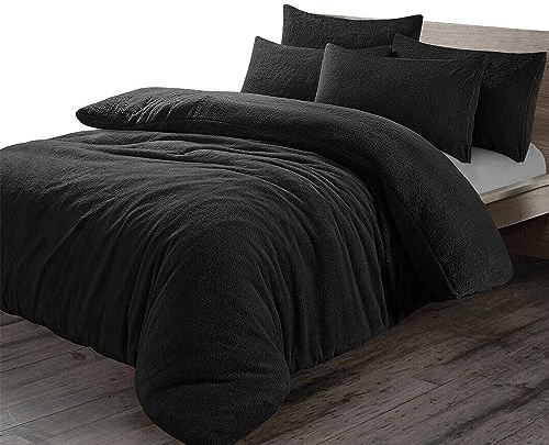 Pinkfairy® Plain Teddy Fleece Duvet Cover Quilt Bedding Set With Pillow Cases, Warm Cozy Super Soft Fluffy Luxury Design Bedset Reversible Easy Care (Super King, Black)