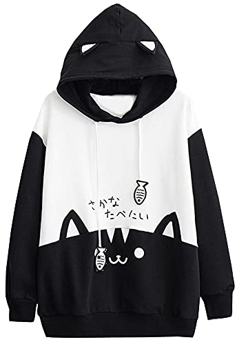 Mophghdj Katzenohren Hoodie Pullover MäDchen Süß Kawaii Cute Katzen Langarm Kapuzenpullover, Herbst Winter PlüSch Fleece Einfarbig Pulli Flauschig Warm Elegant Kapuzenpulli *04-schwarz, XXL