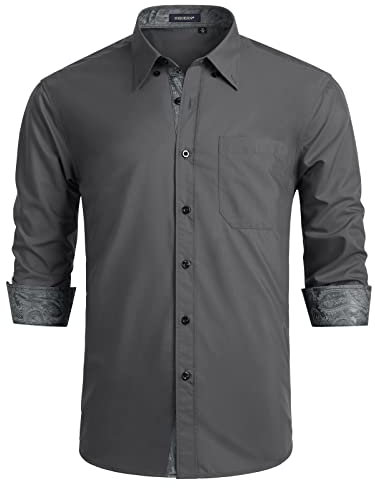 HISDERN Herren Hemd Langarm Regular Fit Klassisch Hemden Formelle Businesshemden Freizeithemd mit Taschen Grau XL