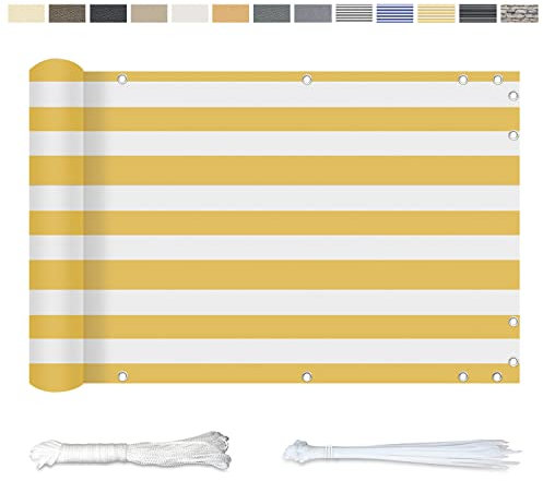 YangAera Balkon Sichtschutz 80x400CM, Windschutz Wasserdicht und UV-Schutz Balkonabdeckung - mit Ösen Kabelbinder und Kordel, für Balkongeländer Terrasse Garten (Gelbe und Weiße Streifen)