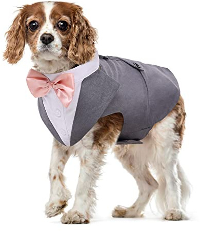 Hund Smoking Anzug und Bandana Set Haustier Mantel Formale Hochzeit Party Kleidung Welpe Hochzeit Fliege Krawatte Hemd Verstellbar für Hochzeit Geburtstag Fest Halloween Weihnachten Kostüme(Grau, M)