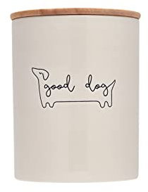 Pearhead Good Dog Treat Jar, Ceramic and Wood Pet Treat Canister, Neutral Modern Kitchen Decor, Pet Accessories, Dog Biscuit Storage Jar, Freshness Seal, Holds 4 Cups
