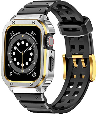 MioHHR Metal Case with Strap Compatible Apple Watch Straps 45mm with Bumper,Mens Stainless Steel Rugged Protective Cover with TPU Band for iWatch Series 8/7 (Silver/Gold,45mm)