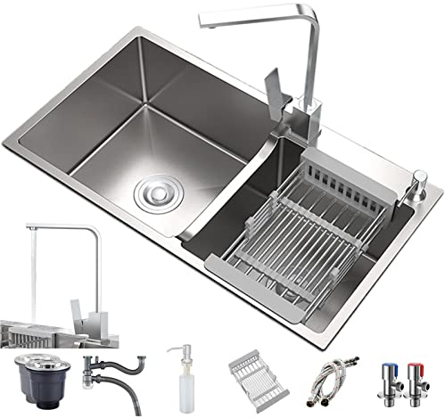 YSUEFIJO Fregadero Cocina 2 Seno Acero Inoxidable Nano Plata 3 mm de Espesor 75x41cm Fregaderos de Dos Senos Bajo Encimera Rectangular con Escurridor Agua Frío y Calor Regulable (C 8 Piezas)